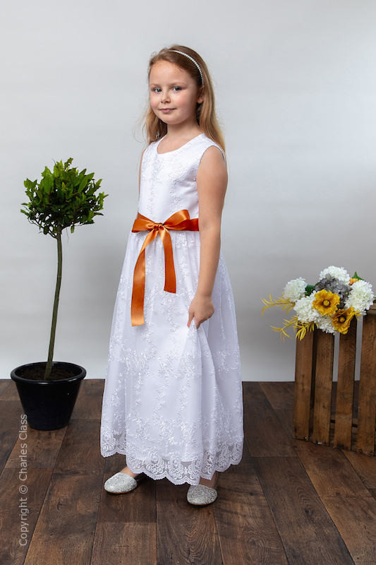 Girls White Lace Dress & Burnt Orange Satin Sash - Eva