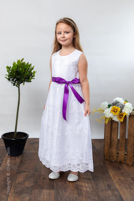 Girls White Lace Dress & Cadbury Purple Satin Sash - Eva