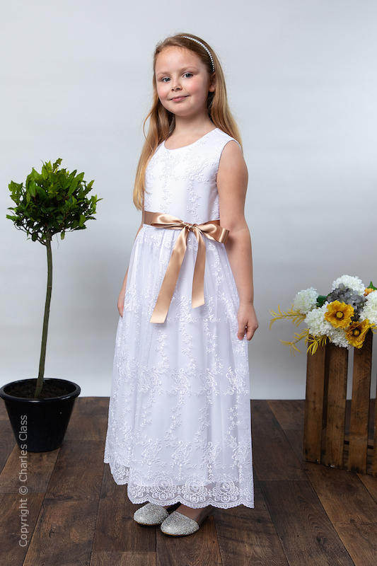 Girls White Lace Dress & Caramel Satin Sash - Eva