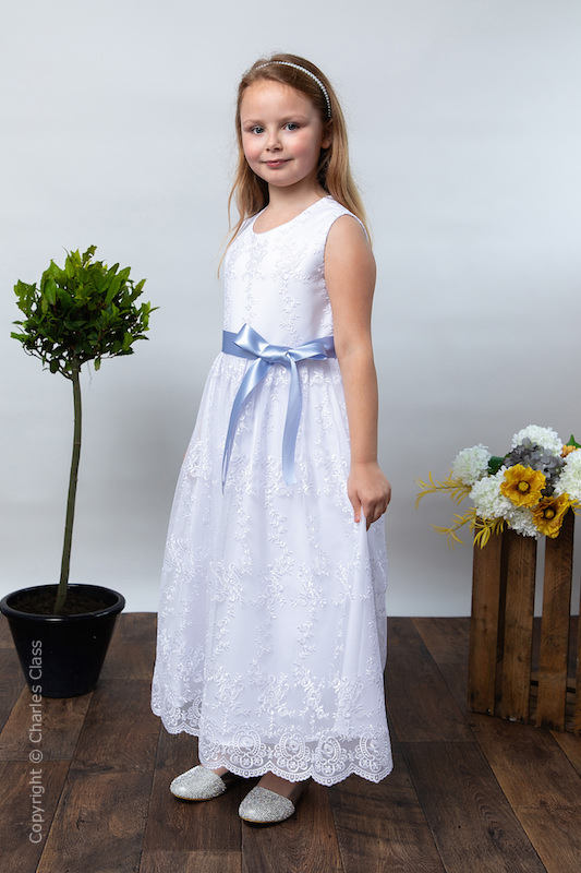 Girls White Lace Dress & Cornflower Satin Sash - Eva