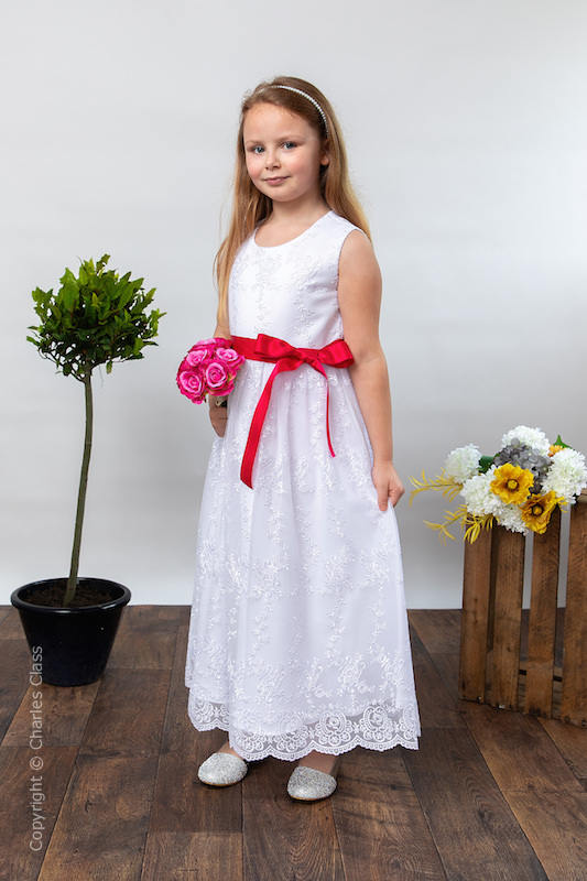 Girls White Lace Dress & Fuchsia Pink Satin Sash - Eva