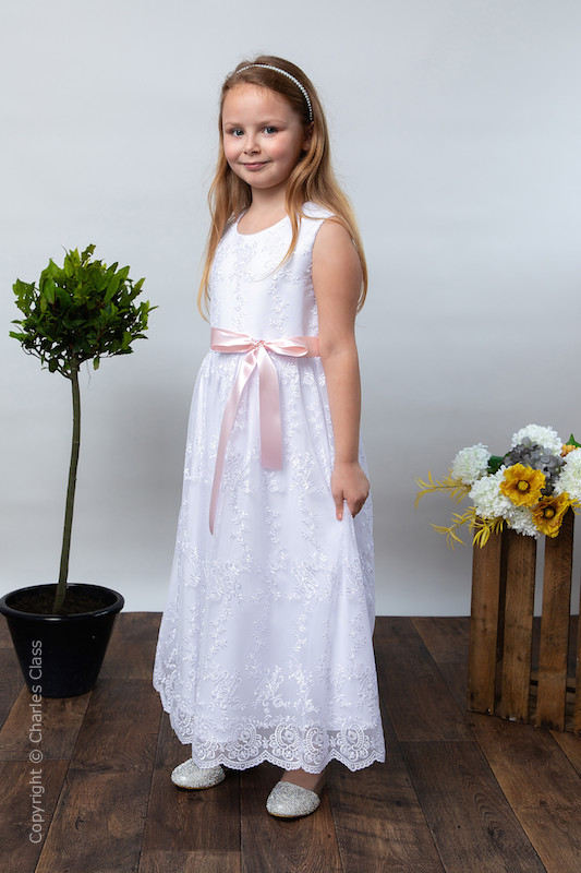 Girls White Lace Dress & Pale Pink Satin Sash - Eva