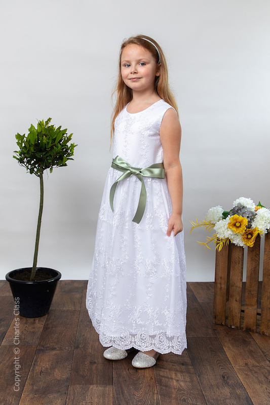 Girls White Lace Dress & Sage Satin Sash - Eva