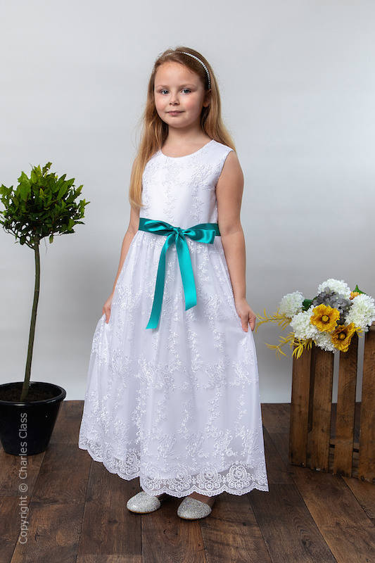 Girls White Lace Dress & Teal Satin Sash - Eva