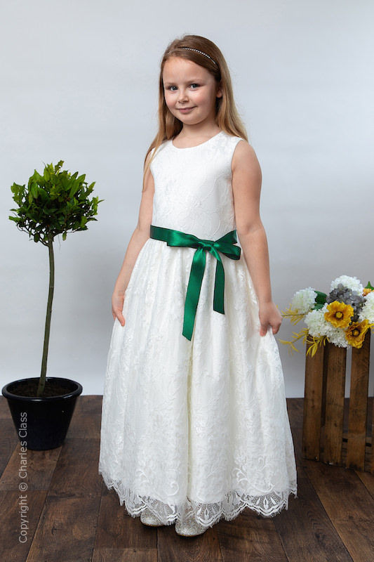 Girls Ivory Eyelash Lace Dress & Bottle Green Satin Sash - Harriet