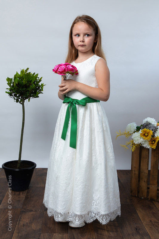 Girls Ivory Eyelash Lace Dress & Emerald Green Satin Sash - Harriet