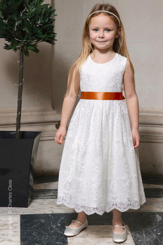 Girls Ivory Lace Dress & Burnt Orange Satin Sash - Eva