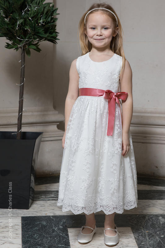 Girls Ivory Lace Dress & Coral Satin Sash - Eva