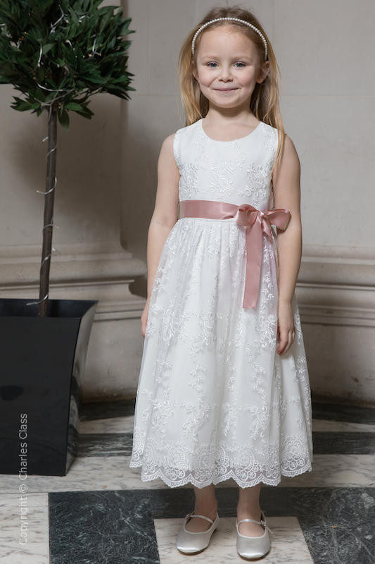 Girls Ivory Lace Dress & Rose Gold Satin Sash - Eva