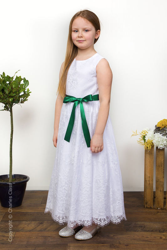 Girls White Eyelash Lace Dress & Bottle Green Satin Sash - Harriet