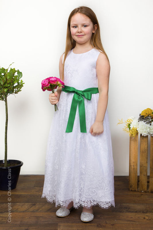 Girls White Eyelash Lace Dress & Emerald Green Satin Sash - Harriet