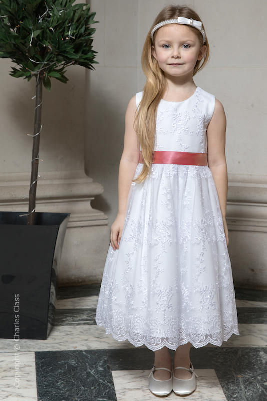 Girls White Lace Dress & Coral Satin Sash - Eva