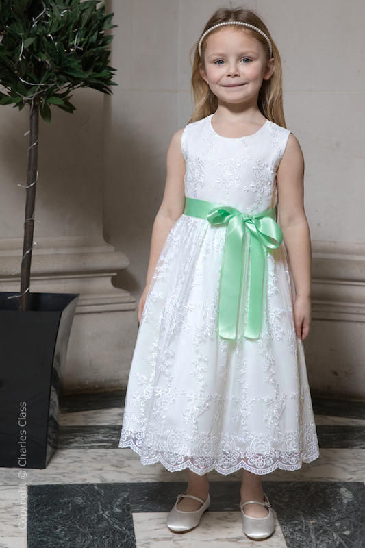 Girls White Lace Dress & Mint Green Satin Sash - Eva