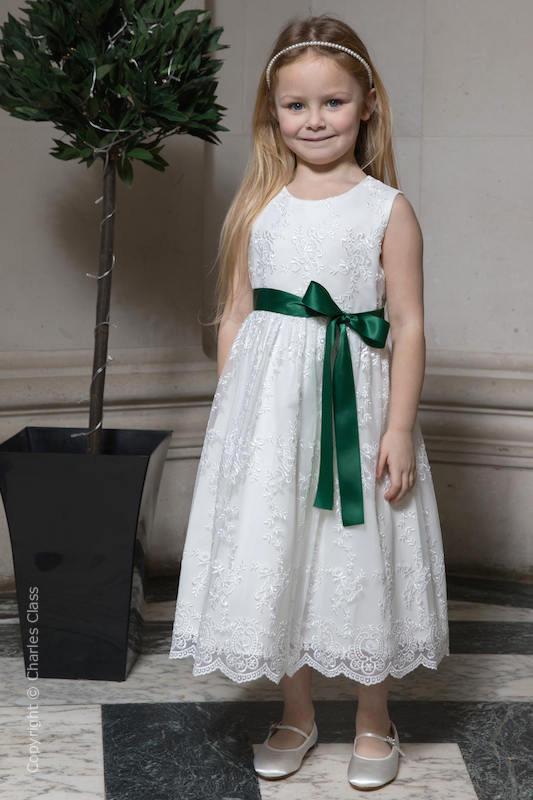 Girls Ivory Lace Dress & Bottle Green Satin Sash - Eva