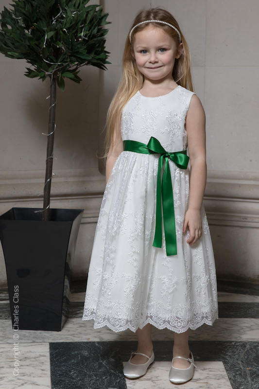 Girls Ivory Lace Dress & Emerald Green Satin Sash - Eva