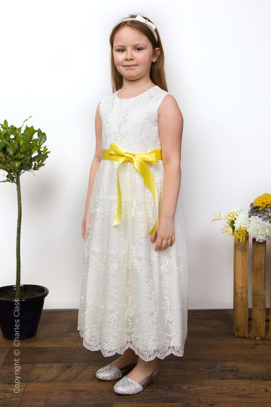 Girls Ivory Lace Dress & Lemon Satin Sash - Eva