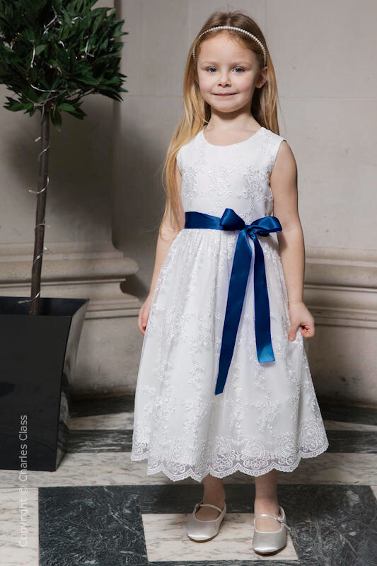 Girls Ivory Lace Dress & Midnight Blue Satin Sash - Eva