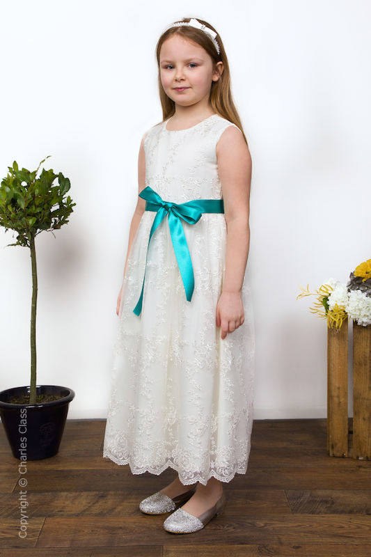 Girls Ivory Lace Dress & Teal Satin Sash - Eva