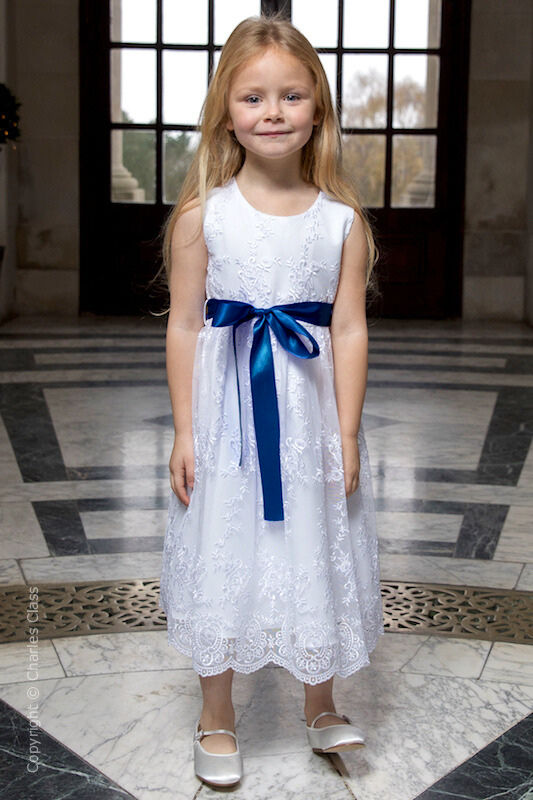 Girls White Lace Dress & Midnight Blue Satin Sash - Eva