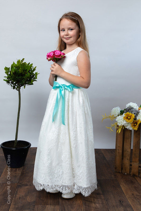 Girls Ivory Eyelash Lace Dress & Aqua Satin Sash - Harriet