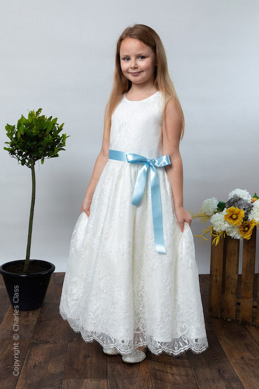 Girls Ivory Eyelash Lace Dress & Baby Blue Satin Sash - Harriet