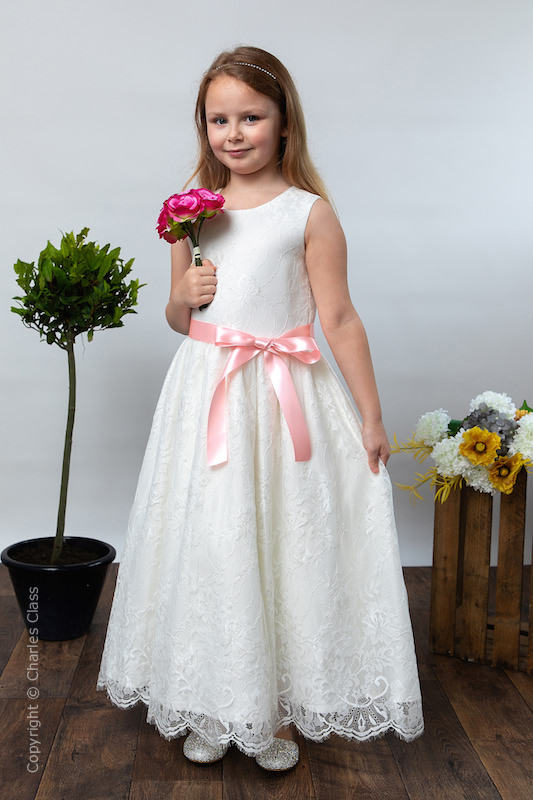 Girls Ivory Eyelash Lace Dress & Baby Pink Satin Sash - Harriet