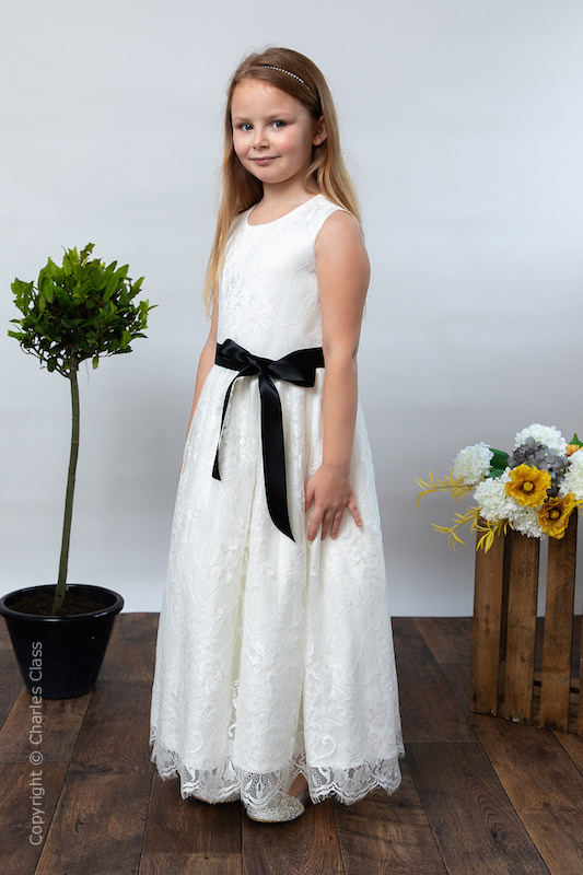 Girls Ivory Eyelash Lace Dress & Black Satin Sash - Harriet