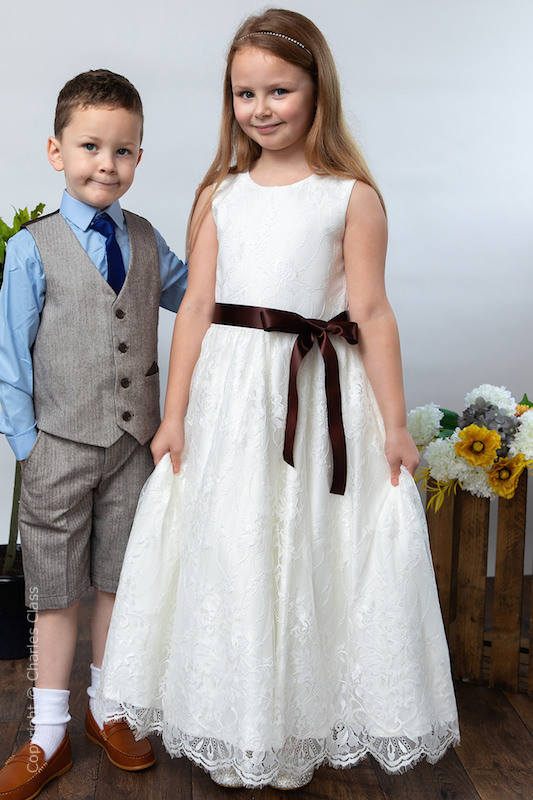 Girls Ivory Eyelash Lace Dress & Brown Satin Sash - Harriet