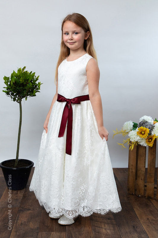 Girls Ivory Eyelash Lace Dress & Burgundy Satin Sash - Harriet