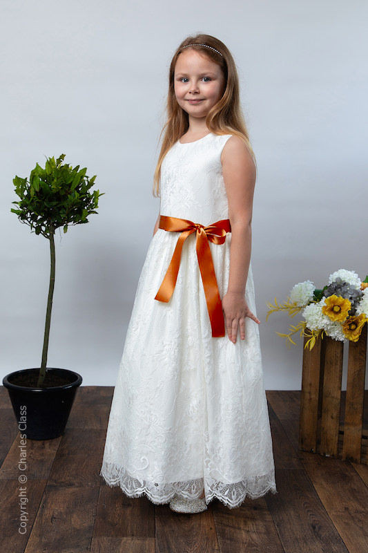 Girls Ivory Eyelash Lace Dress & Burnt Orange Satin Sash - Harriet