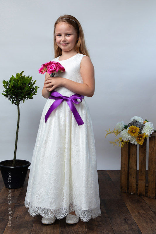 Girls Ivory Eyelash Lace Dress & Cadbury Purple Satin Sash - Harriet