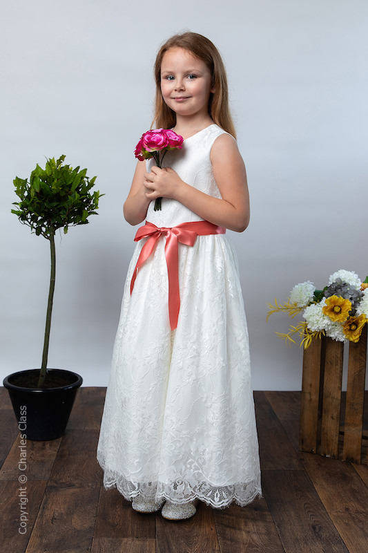 Girls Ivory Eyelash Lace Dress & Coral Satin Sash - Harriet