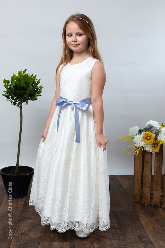 Girls Ivory Eyelash Lace Dress & Cornflower Satin Sash - Harriet