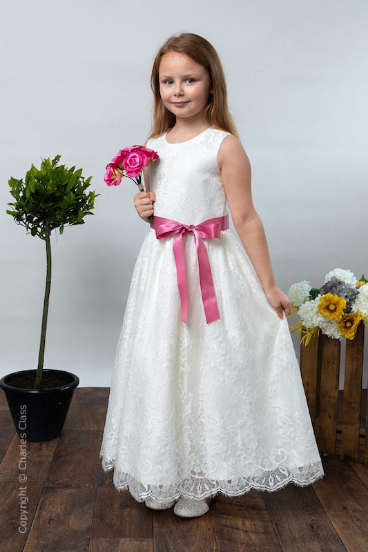 Girls Ivory Eyelash Lace Dress & Dusky Pink Satin Sash - Harriet