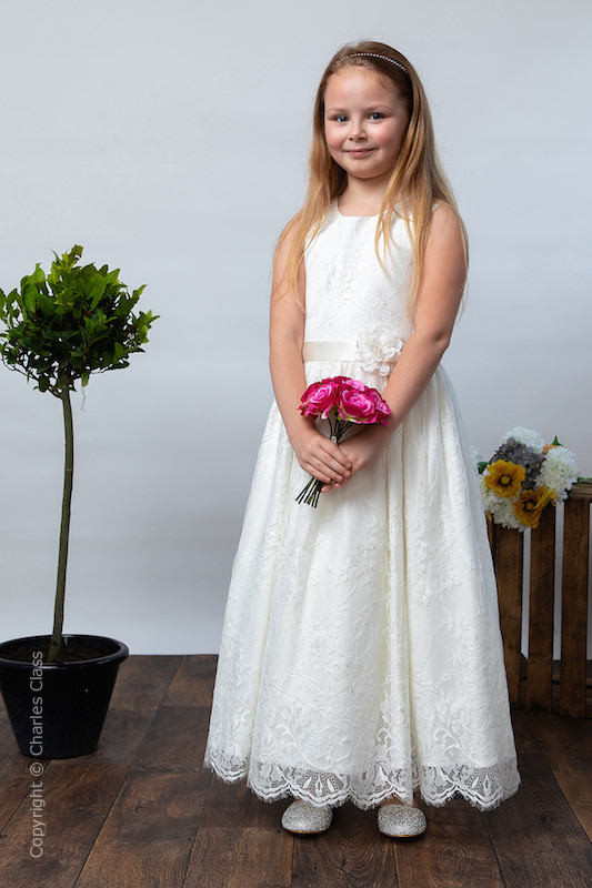 Girls Ivory Eyelash Lace Dress & Flower Petal Sash - Harriet