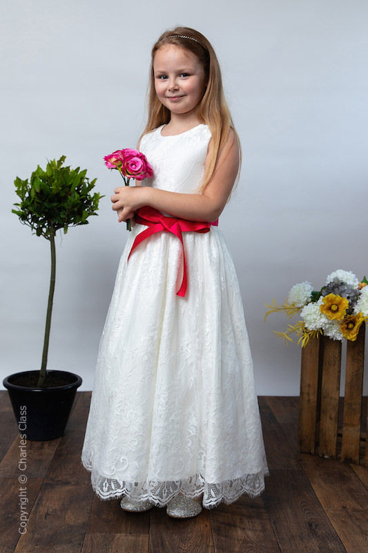 Girls Ivory Eyelash Lace Dress & Fuchsia Pink Satin Sash - Harriet