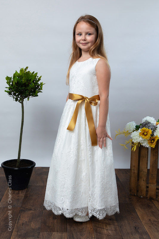 Girls Ivory Eyelash Lace Dress & Gold Satin Sash - Harriet