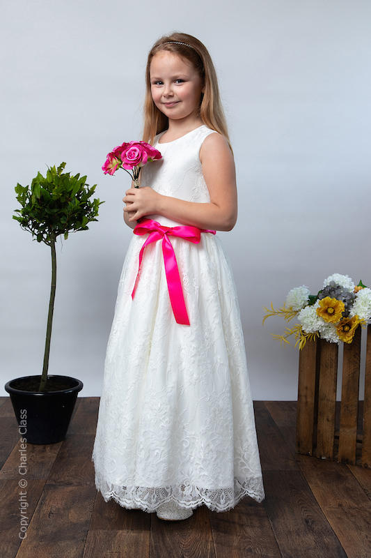 Girls Ivory Eyelash Lace Dress & Hot Pink Satin Sash - Harriet