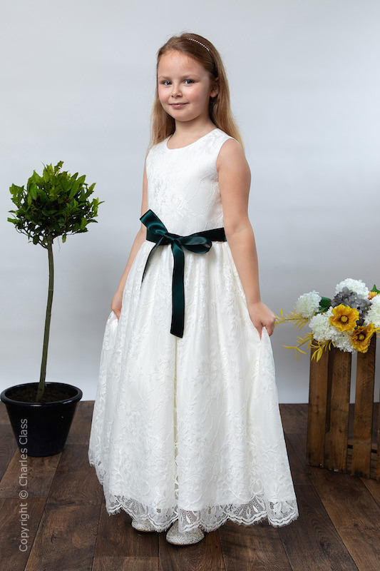 Girls Ivory Eyelash Lace Dress & Hunter Green Satin Sash - Harriet