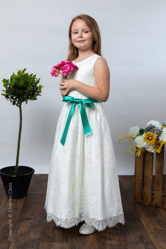 Girls Ivory Eyelash Lace Dress & Jade Satin Sash - Harriet