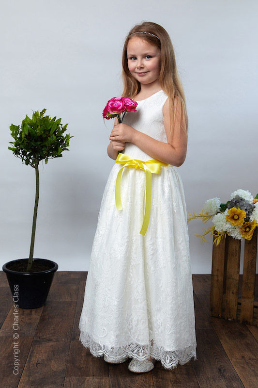 Girls Ivory Eyelash Lace Dress & Lemon Satin Sash - Harriet