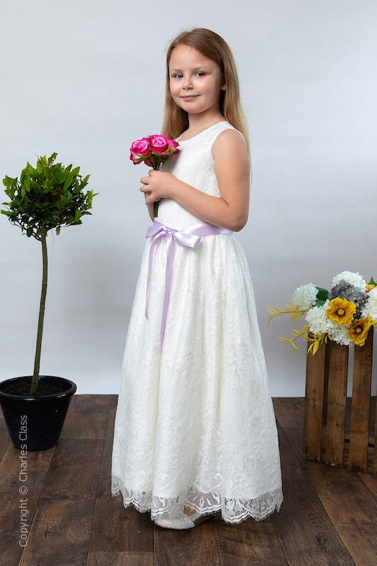 Girls Ivory Eyelash Lace Dress & Lilac Satin Sash - Harriet