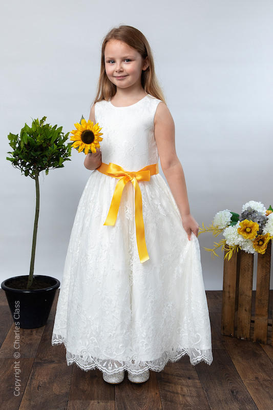 Girls Ivory Eyelash Lace Dress & Marigold Satin Sash - Harriet