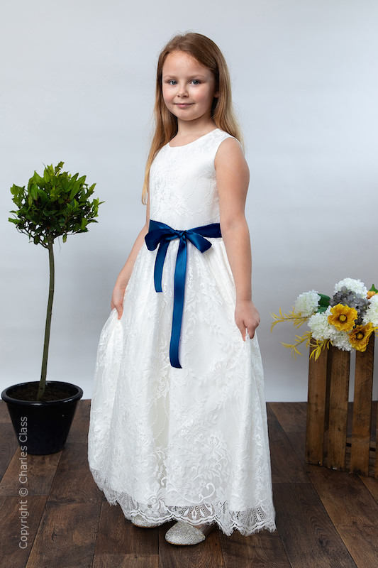 Girls Ivory Eyelash Lace Dress & Midnight Blue Satin Sash - Harriet