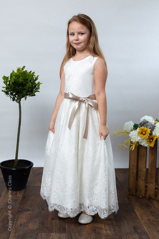 Girls Ivory Eyelash Lace Dress & Mink Taupe Satin Sash - Harriet