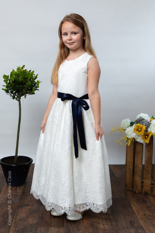 Girls Ivory Eyelash Lace Dress & Navy Satin Sash - Harriet