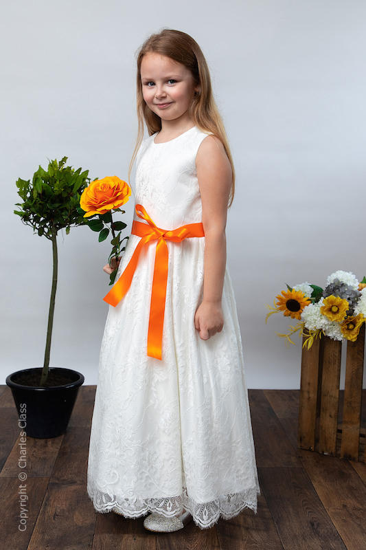 Girls Ivory Eyelash Lace Dress & Orange Satin Sash - Harriet