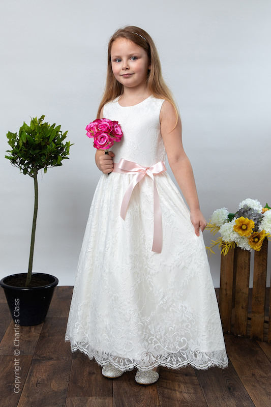 Girls Ivory Eyelash Lace Dress & Pale Pink Satin Sash - Harriet