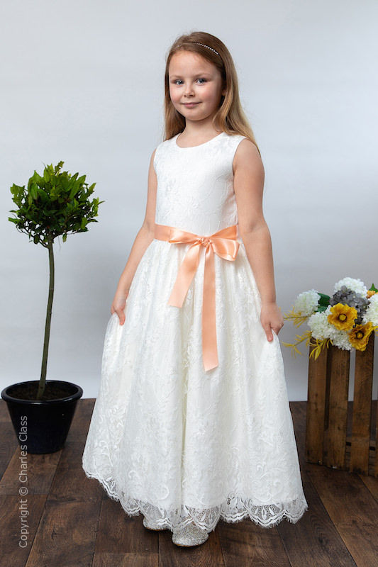 Girls Ivory Eyelash Lace Dress & Peach Satin Sash - Harriet