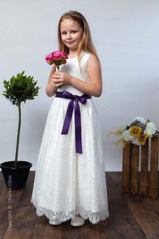 Girls Ivory Eyelash Lace Dress & Dark Purple Satin Sash - Harriet